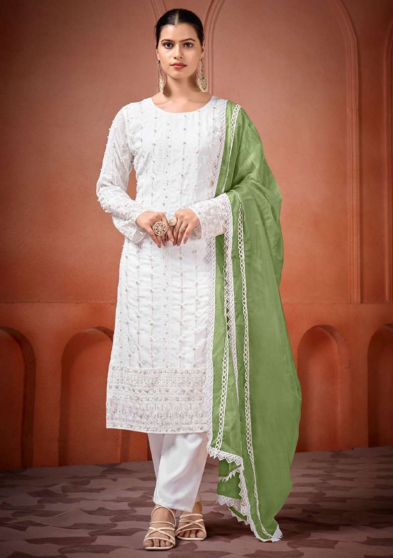 Off White Chikankari Georgette Straight Kurta Set - Indya