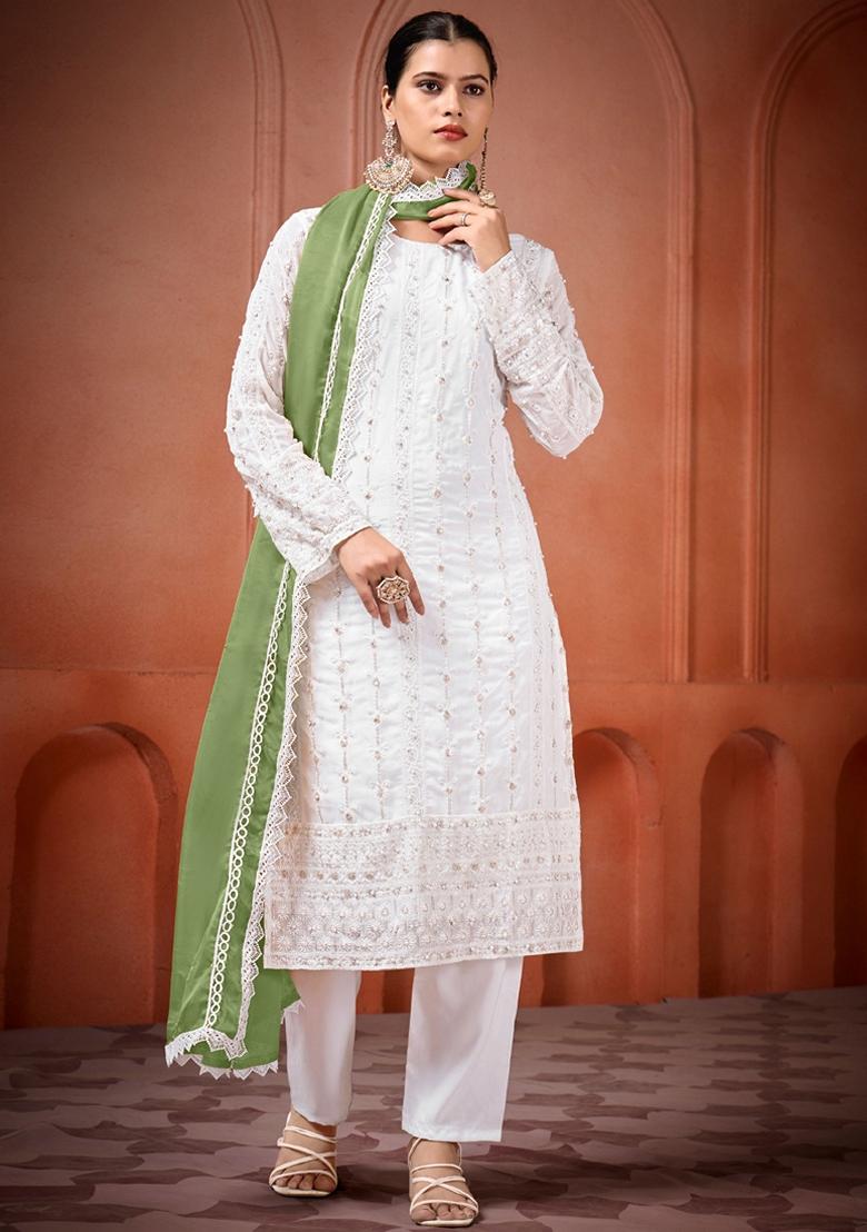 Off White Embroidered Georgette Palazzo Set With Dupatta