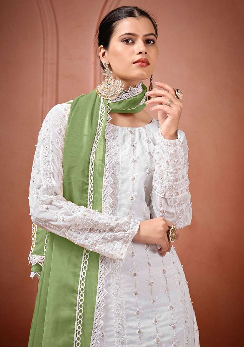 Off White Chikankari Georgette Straight Kurta Set - Indya