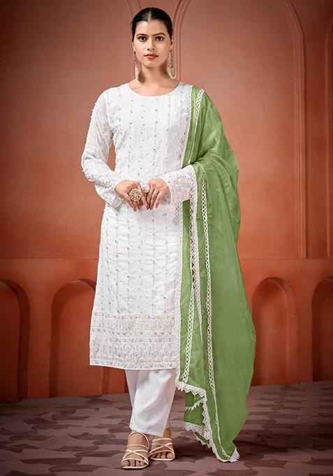 Off White Embroidered Georgette Palazzo Set With Dupatta