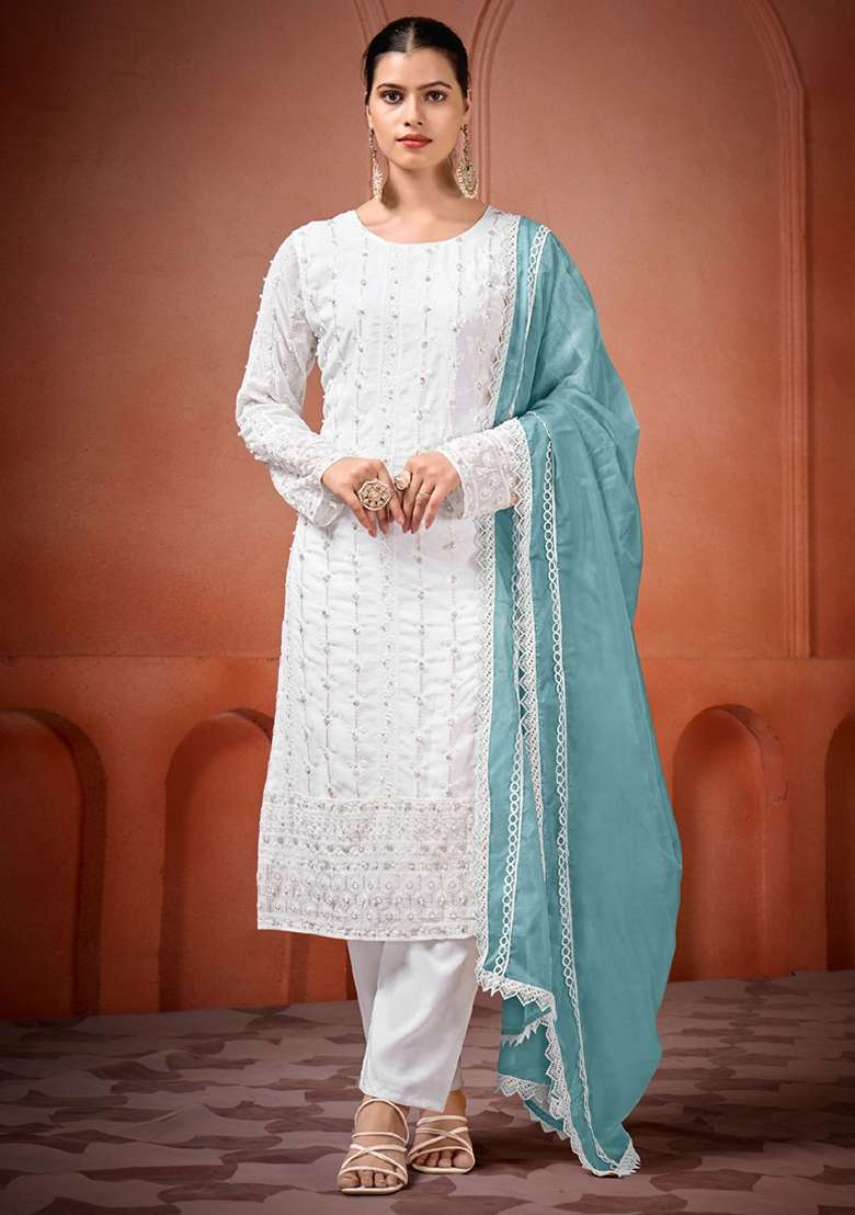 Off White Chikankari Georgette Straight Kurta Set - Indya