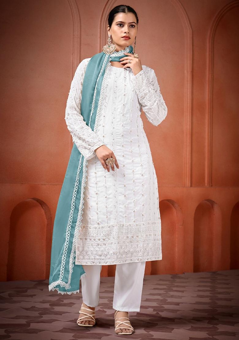 Off White Embroidered Georgette Palazzo Set With Dupatta