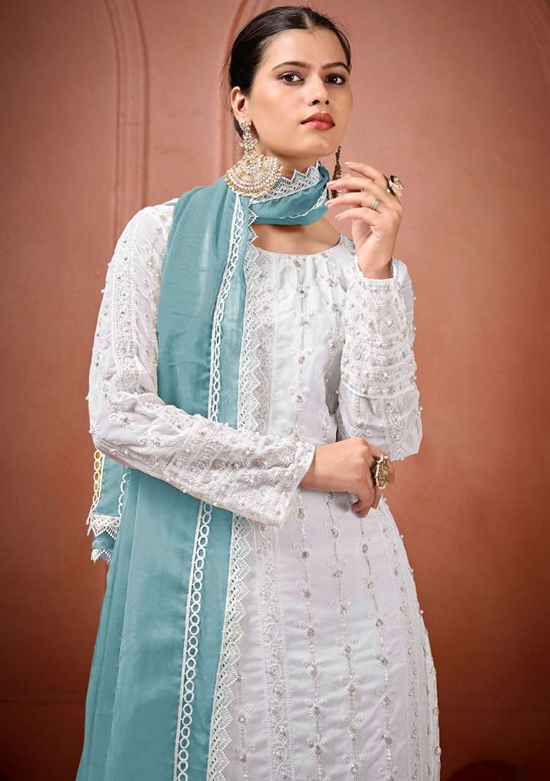 Off White Chikankari Georgette Straight Kurta Set - Indya
