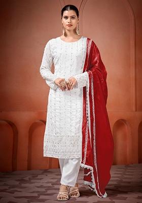 Off White Embroidered Georgette Palazzo Set With Dupatta
