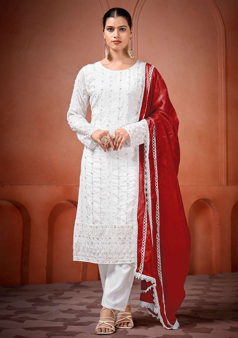 Off White Chikankari Georgette Straight Kurta Set - Indya