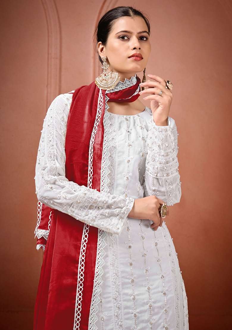 Off White Chikankari Georgette Straight Kurta Set - Indya