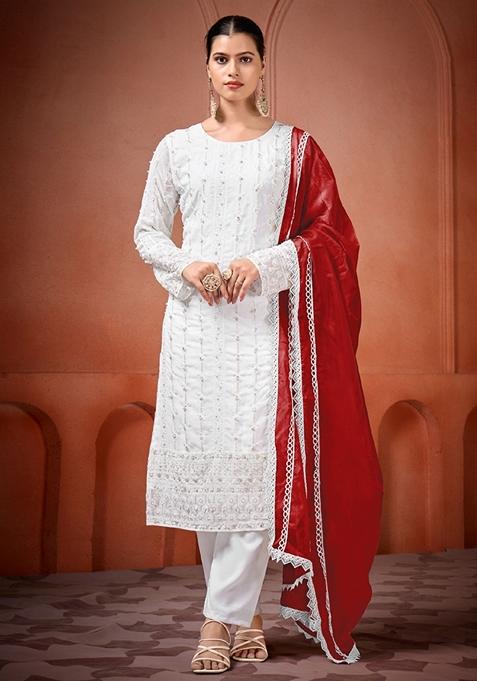 Off White Embroidered Georgette Palazzo Set With Dupatta