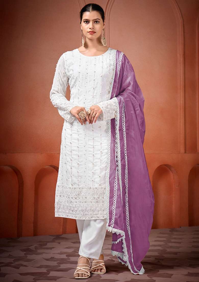 Off White Chikankari Georgette Straight Kurta Set - Indya