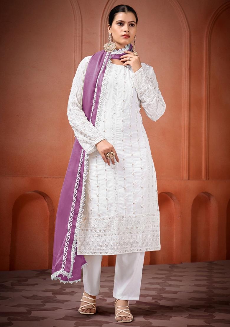 Off White Embroidered Georgette Palazzo Set With Dupatta
