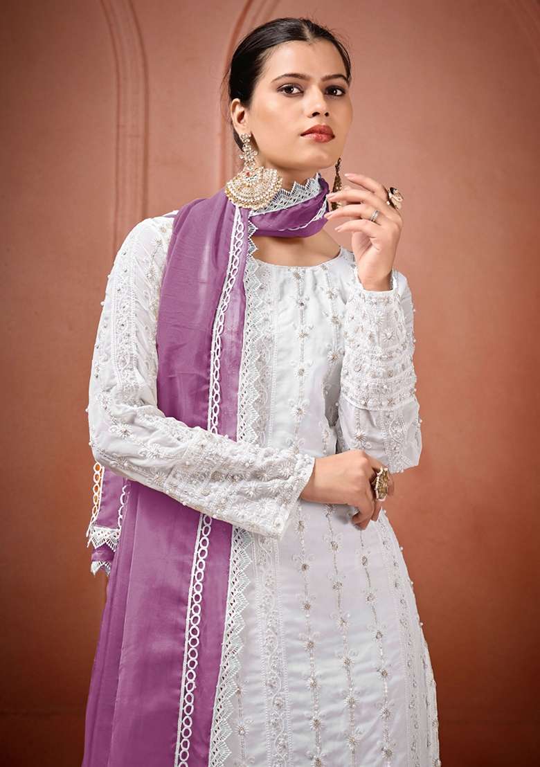 Off White Chikankari Georgette Straight Kurta Set - Indya