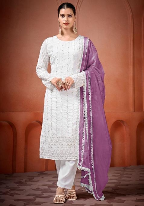 Off White Embroidered Georgette Palazzo Set With Dupatta