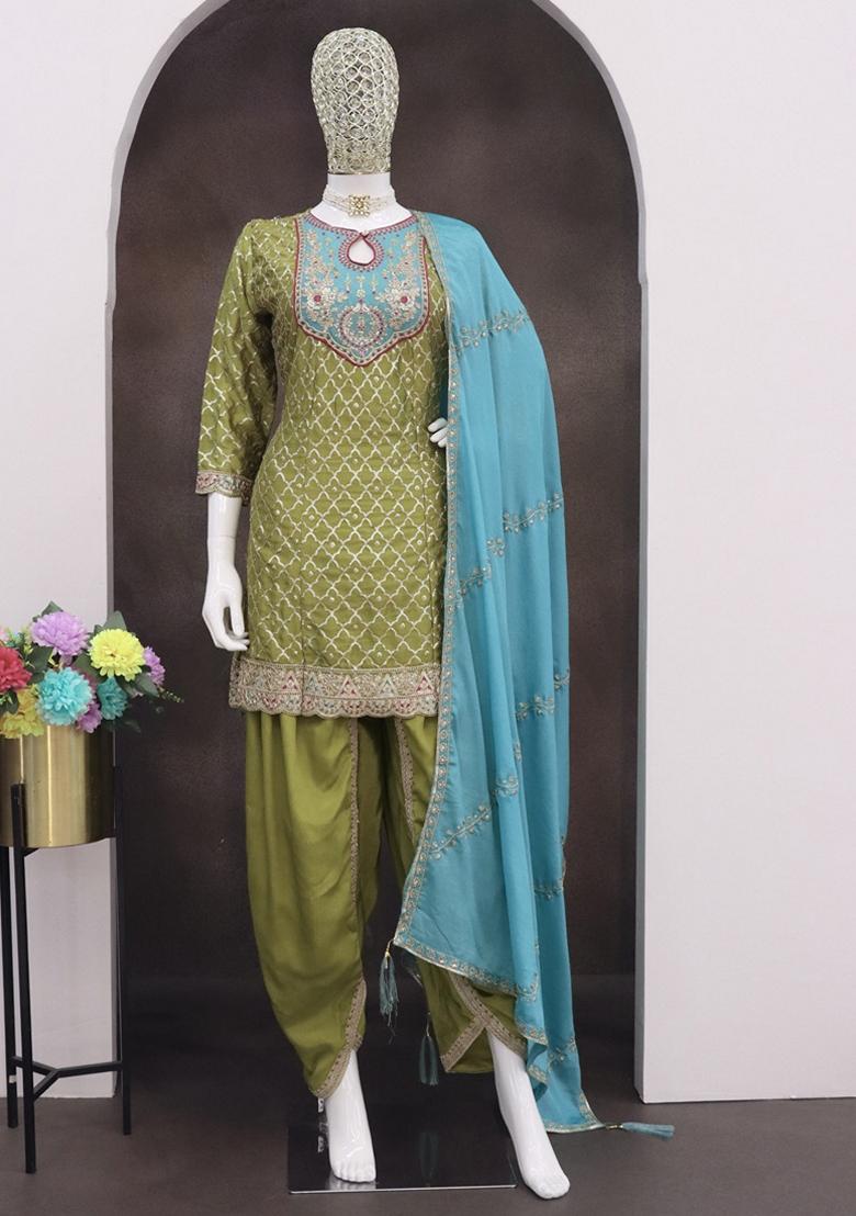Mehendi Green Embroidered Art Silk Salwar Kameez With Dupatta