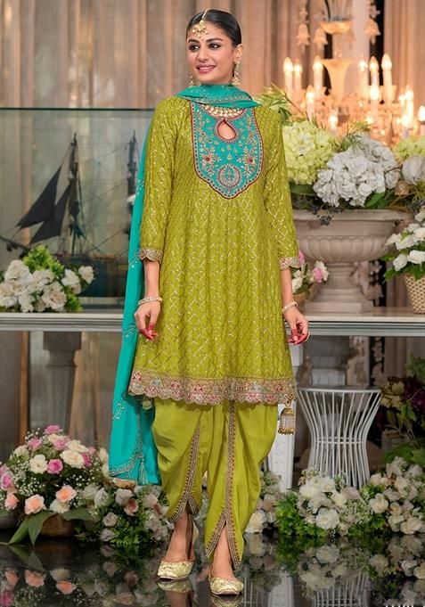 Mehendi Green Embroidered Art Silk Salwar Kameez With Dupatta