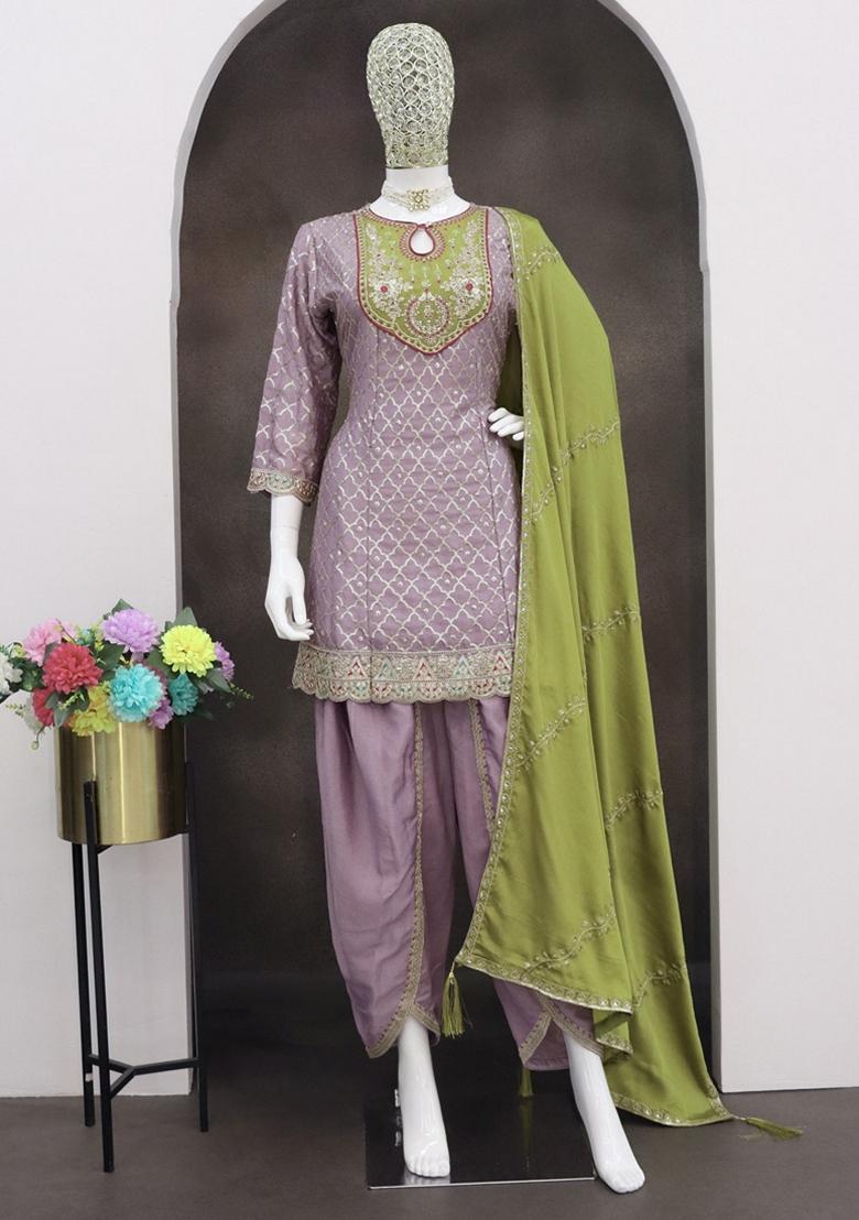 Lavender Embroidered Art Silk Salwar Kameez With Dupatta