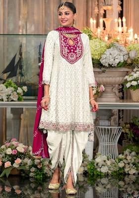 Off White Embroidered Art Silk Salwar Kameez With Dupatta