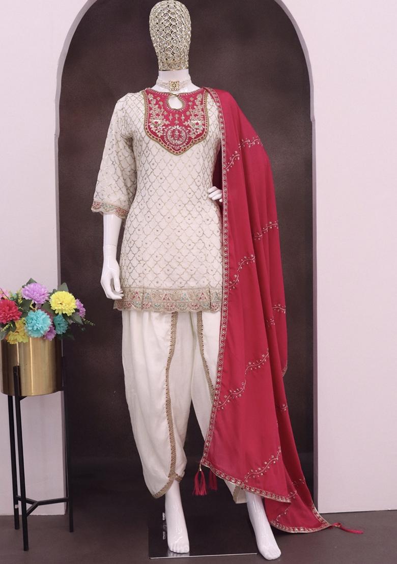 Off White Embroidered Art Silk Salwar Kameez With Dupatta