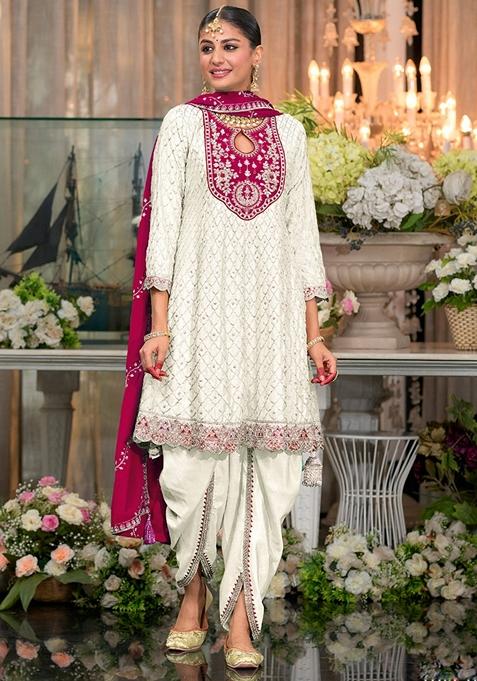 Off White Embroidered Art Silk Salwar Kameez With Dupatta