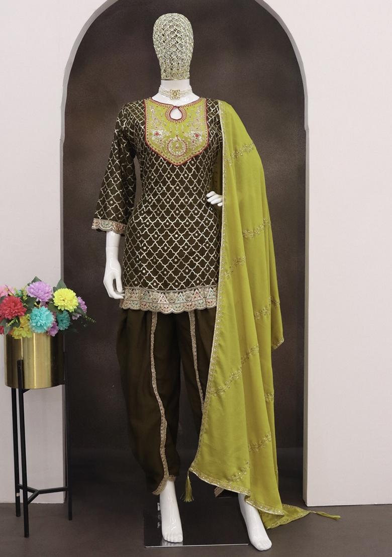 Mehendi Green Embroidered Art Silk Salwar Kameez With Dupatta