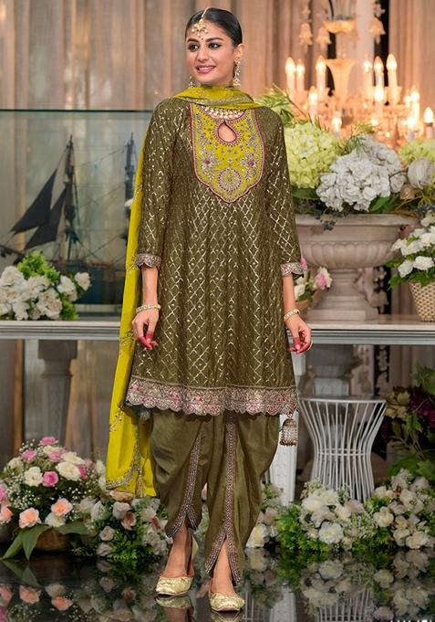 Mehendi Green Embroidered Art Silk Salwar Kameez With Dupatta