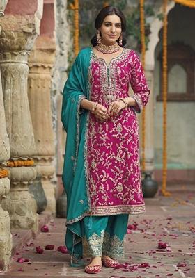 Pink Embroidered Art Silk Palazzo Set With Dupatta