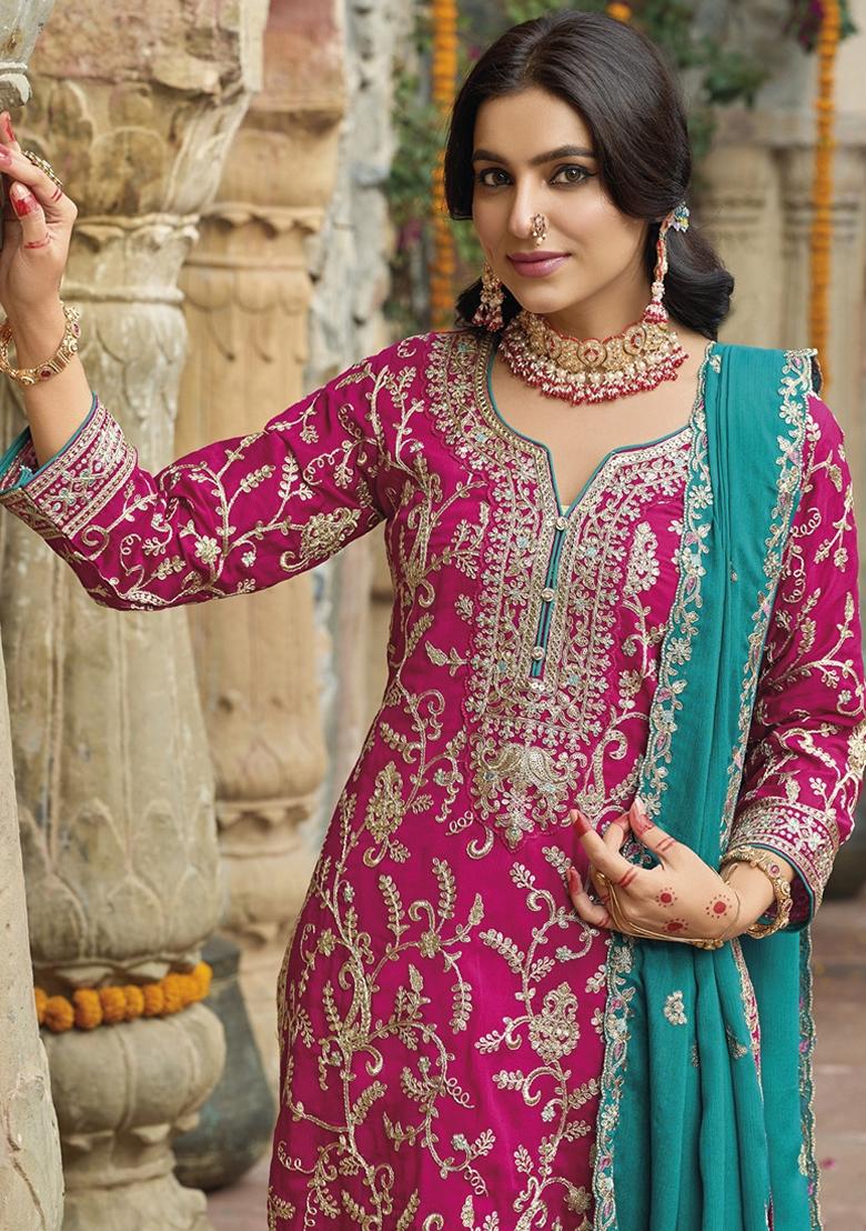 Pink Embroidered Art Silk Palazzo Set With Dupatta