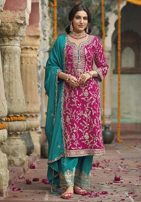 Pink Embroidered Art Silk Palazzo Set With Dupatta