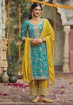 Sky Blue Embroidered Art Silk Palazzo Set With Dupatta