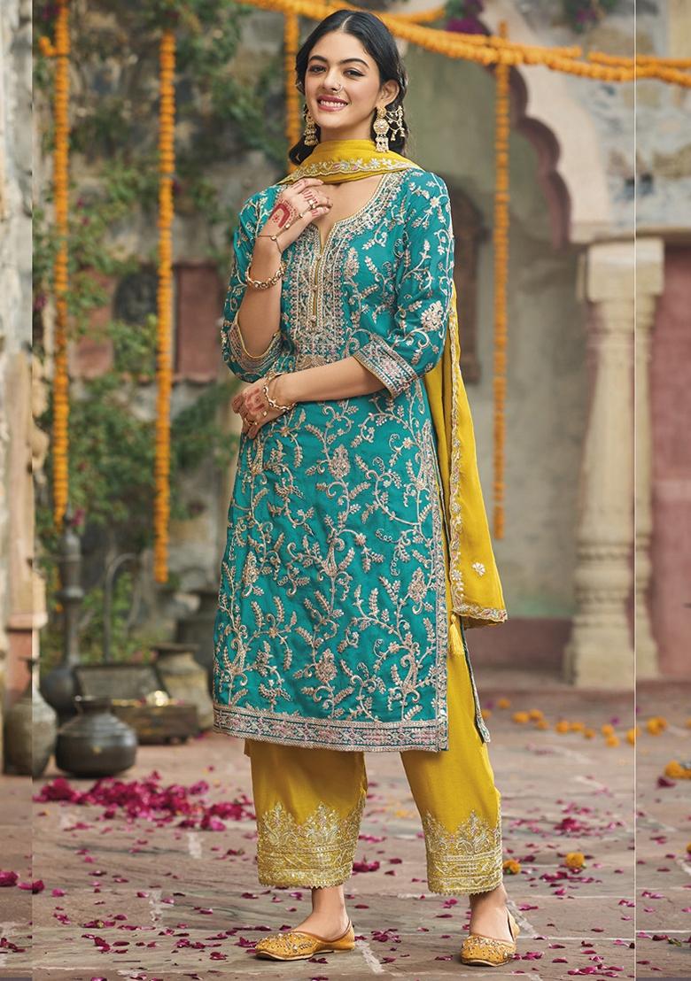 Sky Blue Embroidered Art Silk Palazzo Set With Dupatta