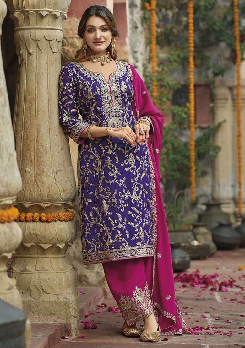 Violet Embroidered Silk Pakistani Suit Set - Indya