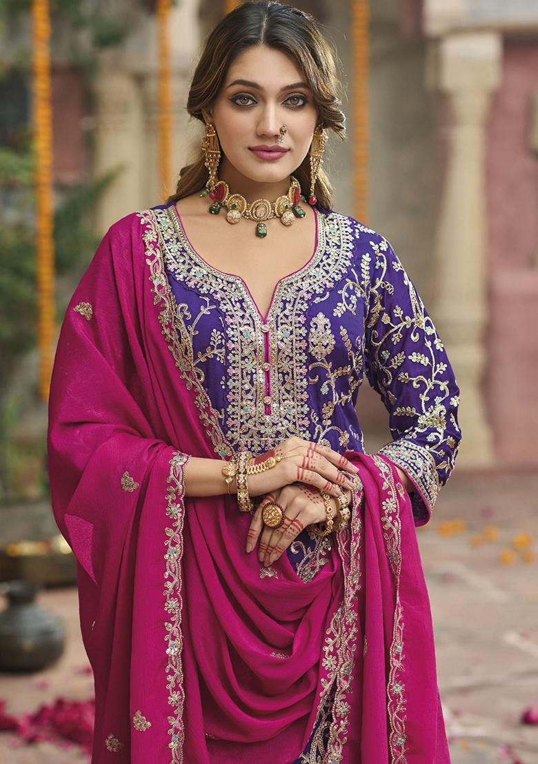 Violet Embroidered Art Silk Palazzo Set With Dupatta