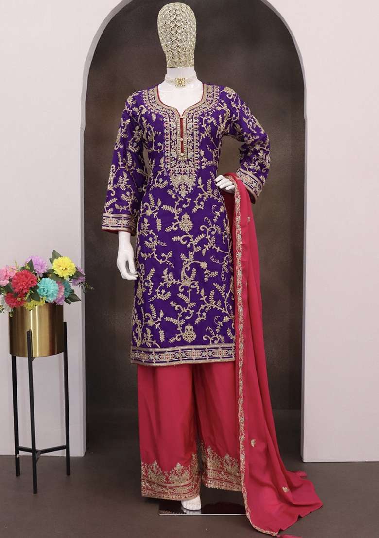 Violet Embroidered Silk Pakistani Suit Set - Indya