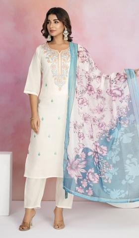 Off White Embroidered Viscose Chanderi Salwar Kameez With Dupatta
