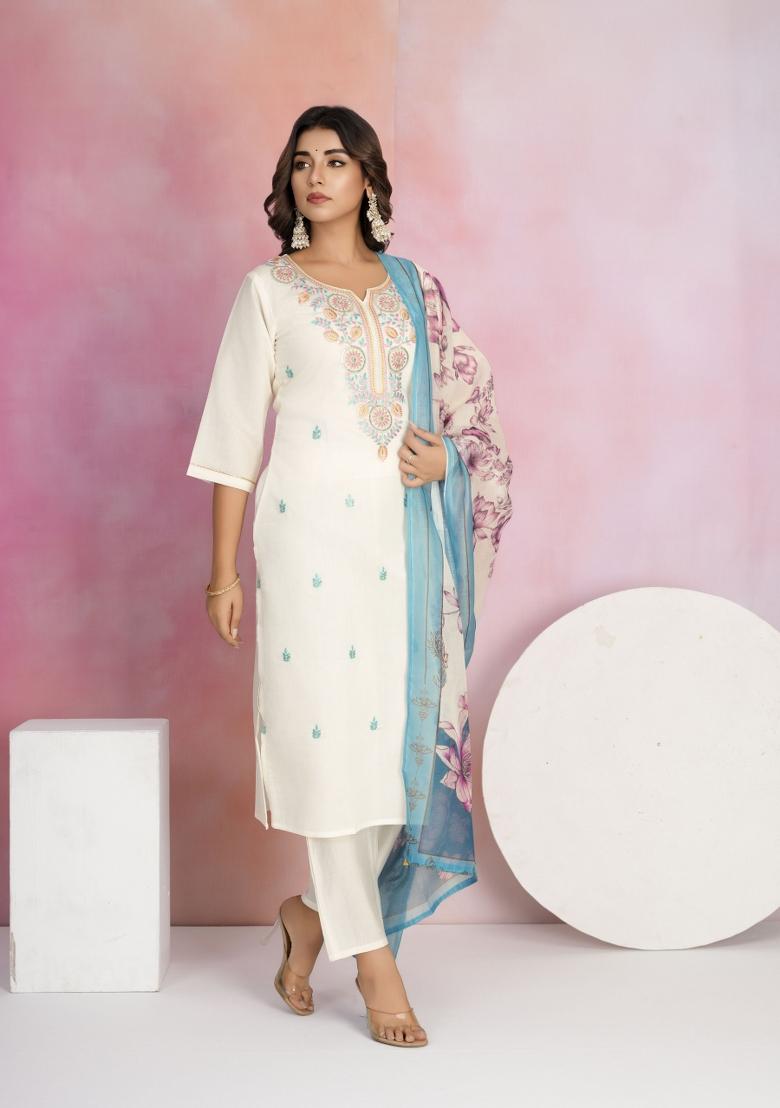 Off White Embroidered Viscose Chanderi Salwar Kameez With Dupatta