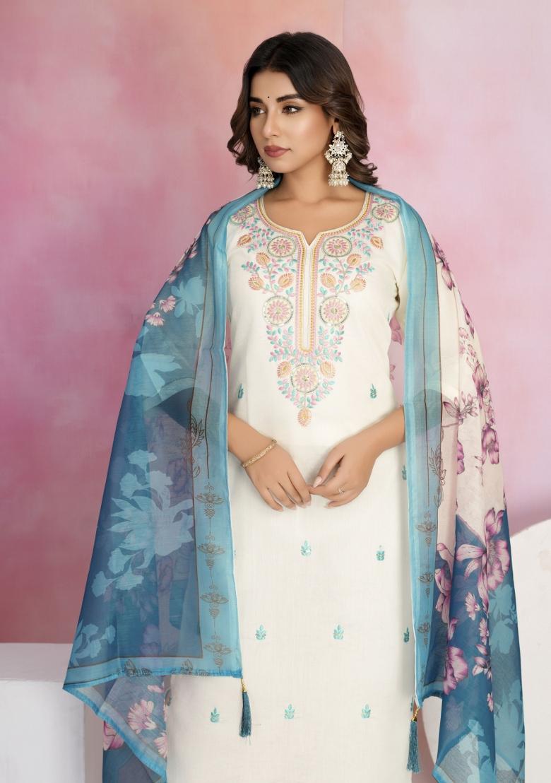 Off White Embroidered Viscose Chanderi Salwar Kameez With Dupatta