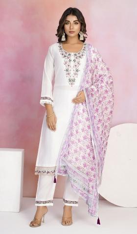 White Embroidered Viscose Chanderi Salwar Kameez With Dupatta