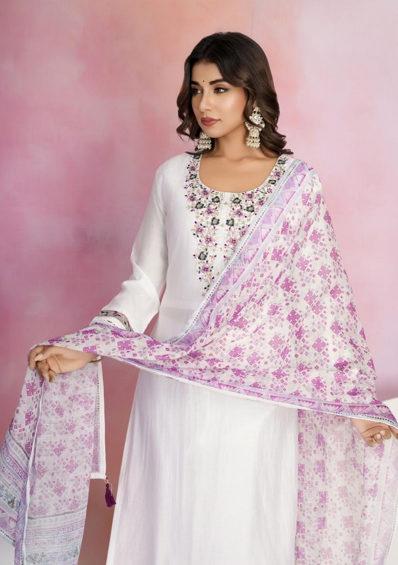 White Embroidered Viscose Chanderi Salwar Kameez With Dupatta