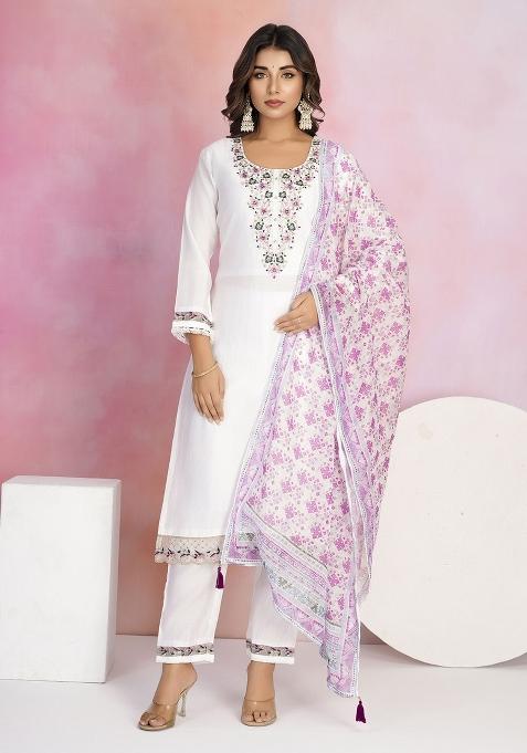 White Embroidered Viscose Chanderi Salwar Kameez With Dupatta