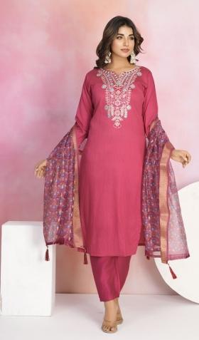 Red Embroidered Chanderi Salwar Kameez With Dupatta