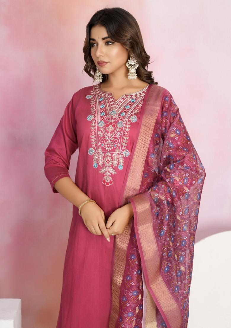 Red Embroidered Chanderi Salwar Kameez With Dupatta