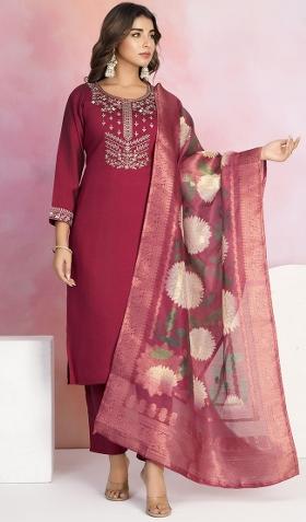 Maroon Embroidered Viscose Chanderi Salwar Kameez With Dupatta