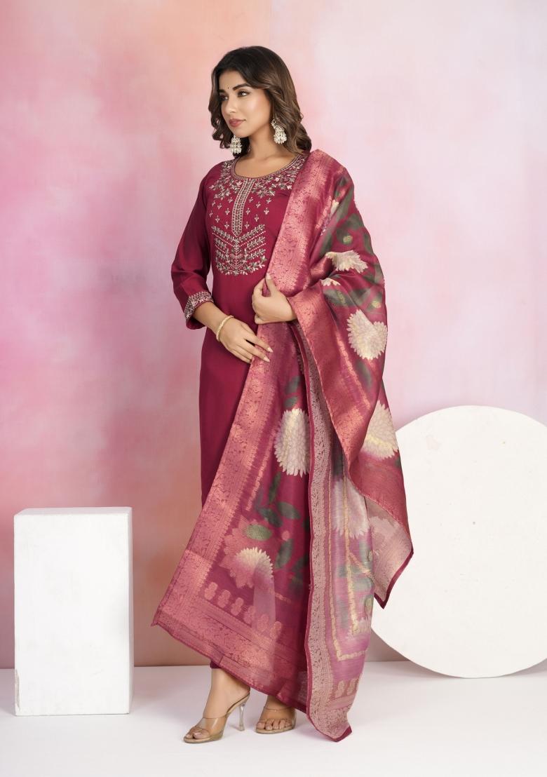 Maroon Embroidered Viscose Chanderi Salwar Kameez With Dupatta