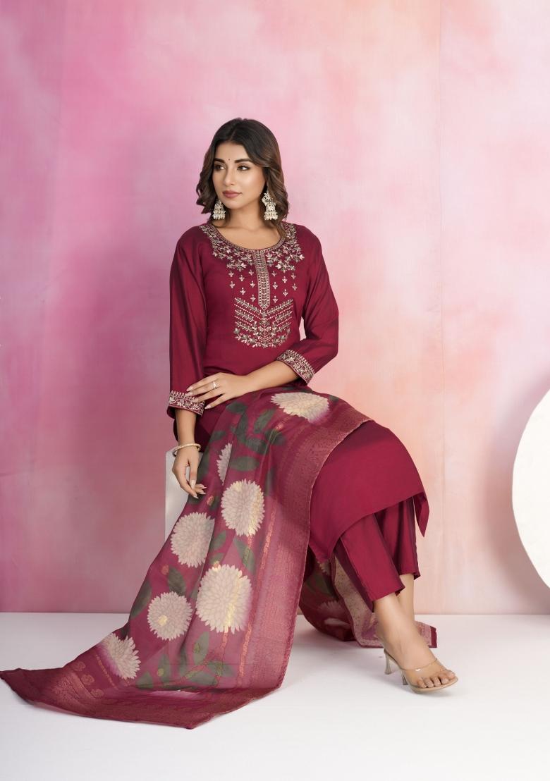 Maroon Embroidered Viscose Chanderi Salwar Kameez With Dupatta