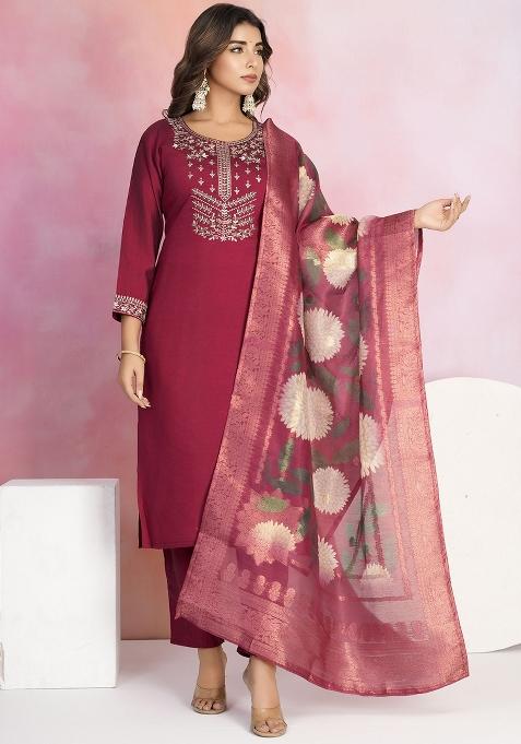 Maroon Embroidered Viscose Chanderi Salwar Kameez With Dupatta