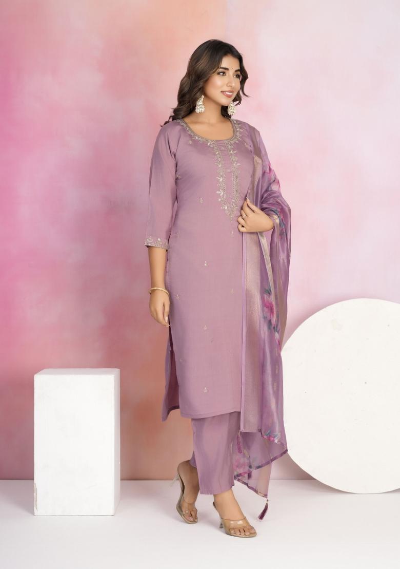 Purple Embroidered Chanderi Salwar Kameez With Dupatta