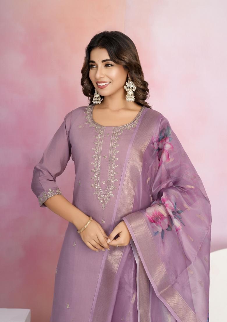 Purple Embroidered Chanderi Salwar Kameez With Dupatta