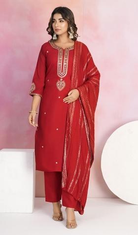 Red Embroidered Viscose Chanderi Salwar Kameez With Dupatta