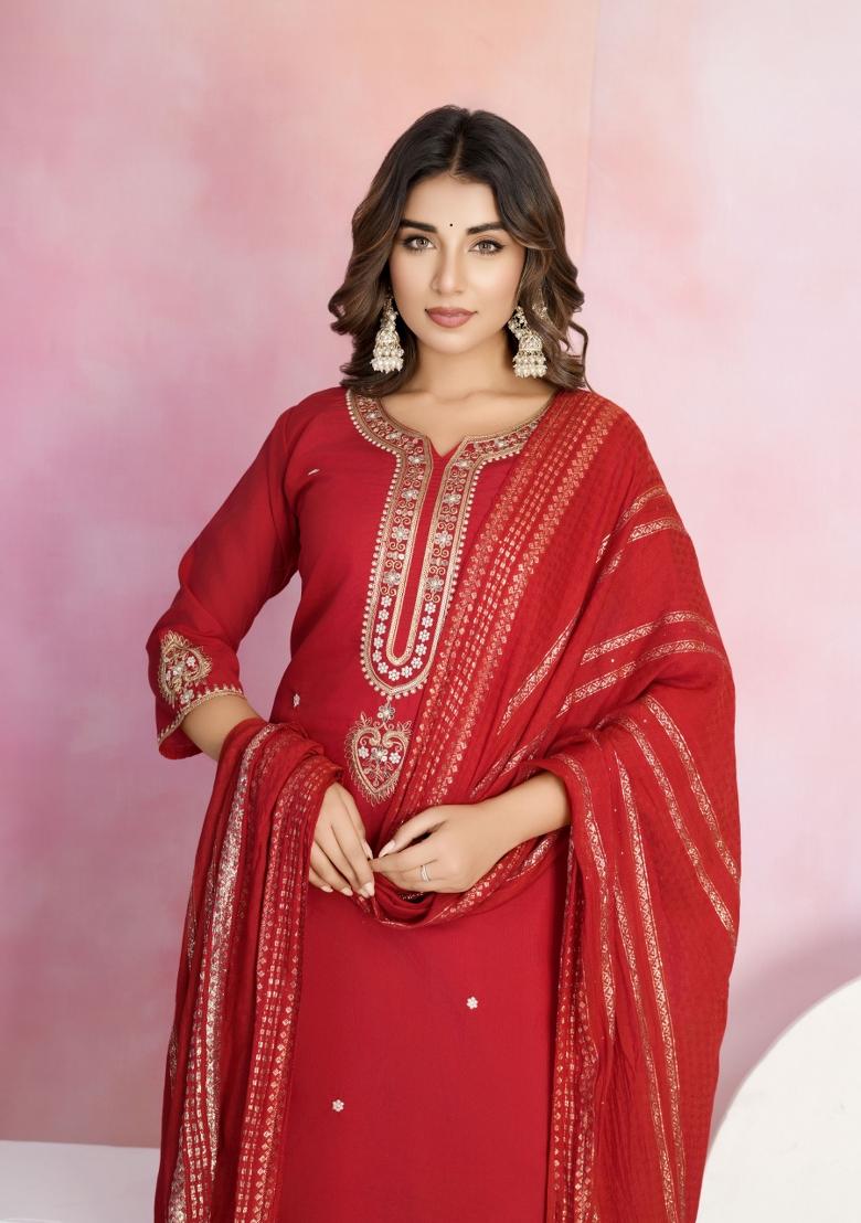 Red Embroidered Viscose Chanderi Salwar Kameez With Dupatta