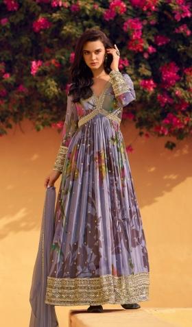 Purple Embroidered Chinon Salwar Kameez With Dupatta