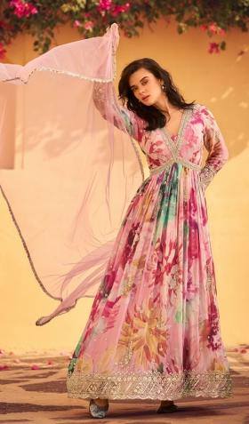 Pink Embroidered Chinon Salwar Kameez With Dupatta