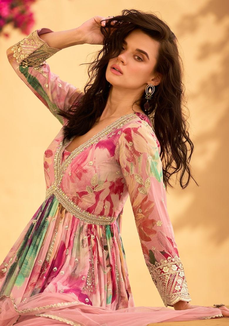 Pink Embroidered Chinon Salwar Kameez With Dupatta